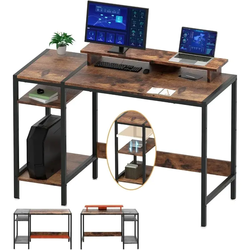 Mesa para computador com suporte para monitor, mesa para escritório doméstico, mesa de escrita rústica para 2 monitores, espaço de armazenamento ajustável, 47"