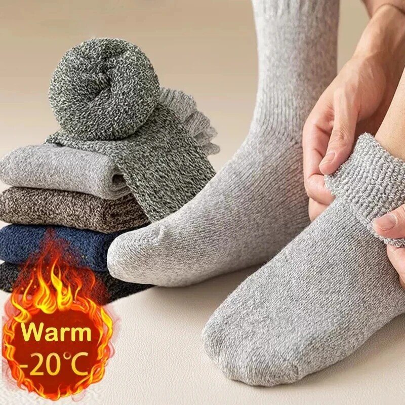 ถุงเท้าผู้ชายอบอุ่น5คู่ถุงเท้าขนแกะหนาพิเศษถุงเท้าหนาพิเศษถุงเท้าขนสัตว์ Merino กับถุงเท้าเทอร์รี่เย็นหิมะ