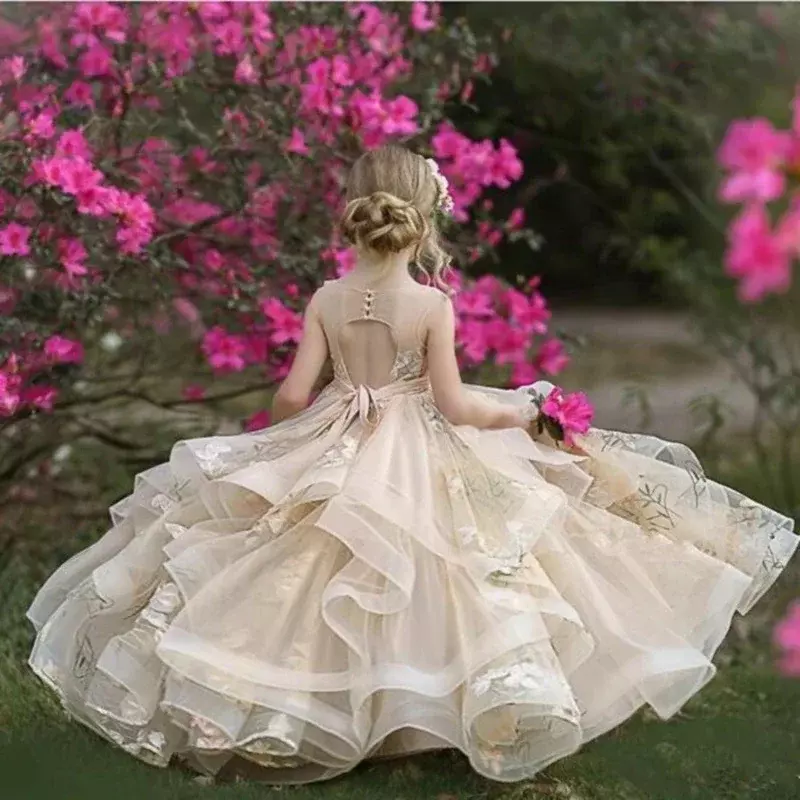 Pink Flower Girl Dresses Organza Sleeveless Floor-Length Children Girl Wedding Birthday Party First Communion Holiday Gown