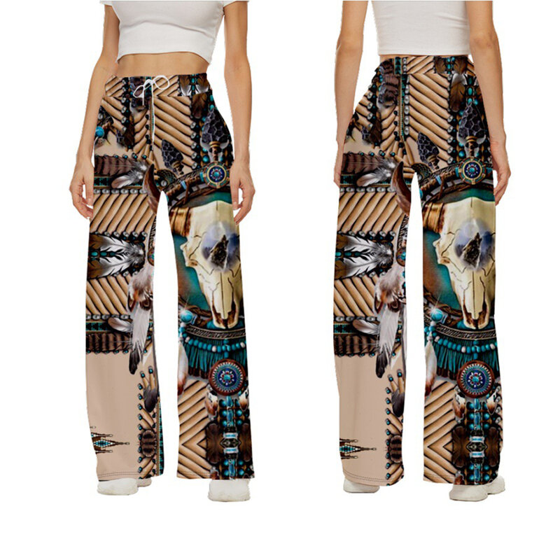 Tribe Totems Full Length Wide Leg Pants Printed Thin Style Hipster Fashion Trousers Summer Korean Streetwear Women Clothing