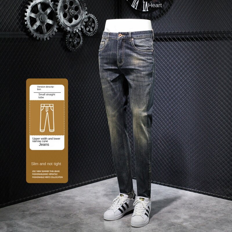 Calça jeans de luxo leve high-end masculina, lavada, vintage, reta, fina, elástica, casual, versátil, confortável, moda, nova, 2024
