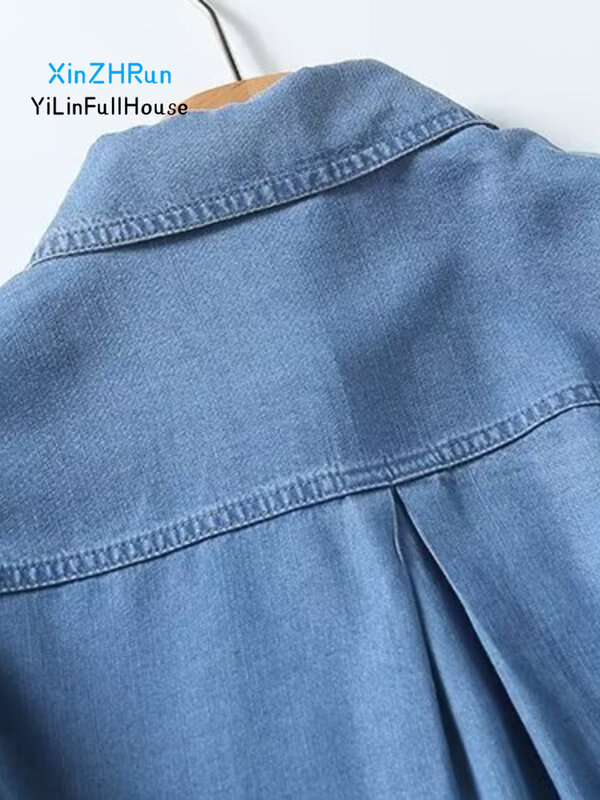 Camisa jeans de manga curta feminina, gola flip, bolso duplo, top de peito único, simples, versátil, moda casual, novo, verão