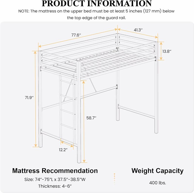 SHA CERLIN-cama de Metal para Loft de tamaño doble, marco de cama doble para Loft de alta resistencia con barandilla de longitud completa y escaleras extraíbles, sin ruido