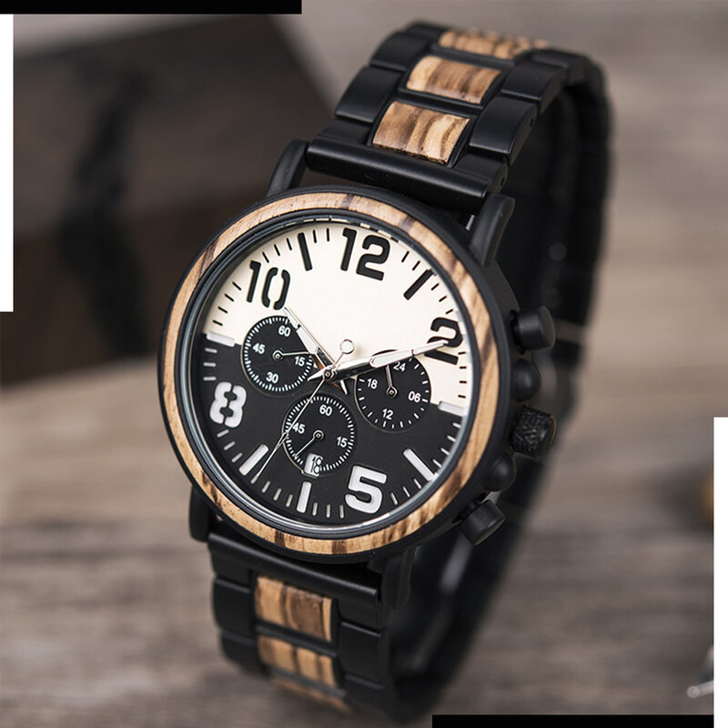 Herren multifunktion ale Holz Edelstahl kombiniert analoge Quarzuhr, Casual Trend kreative Display Kalender Armbanduhr