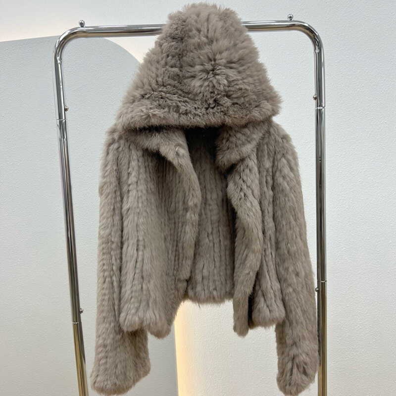 Abrigo con capucha de piel de conejo Real para mujer, chaqueta de piel auténtica de punto, suelta, informal, de manga larga, prendas de vestir de piel Natural