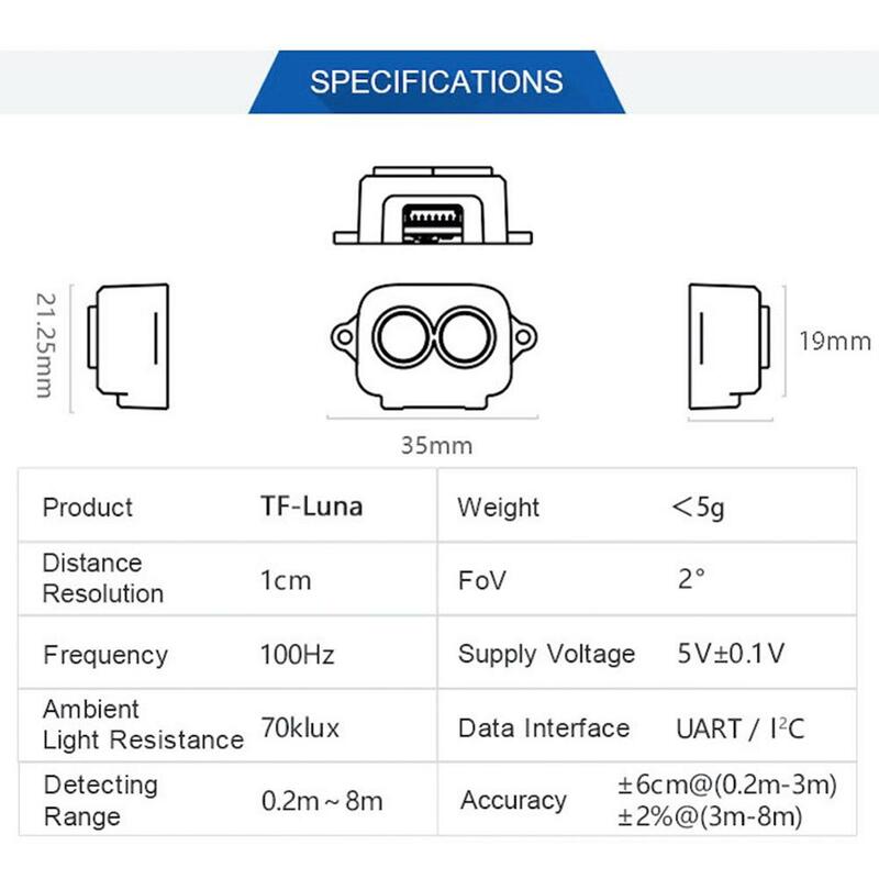 TF-Luna LiDAR Module Range Finder Sensor 5V UART IIC Interface Single-Point Micro Ranging Module for Arduino Pixhawk