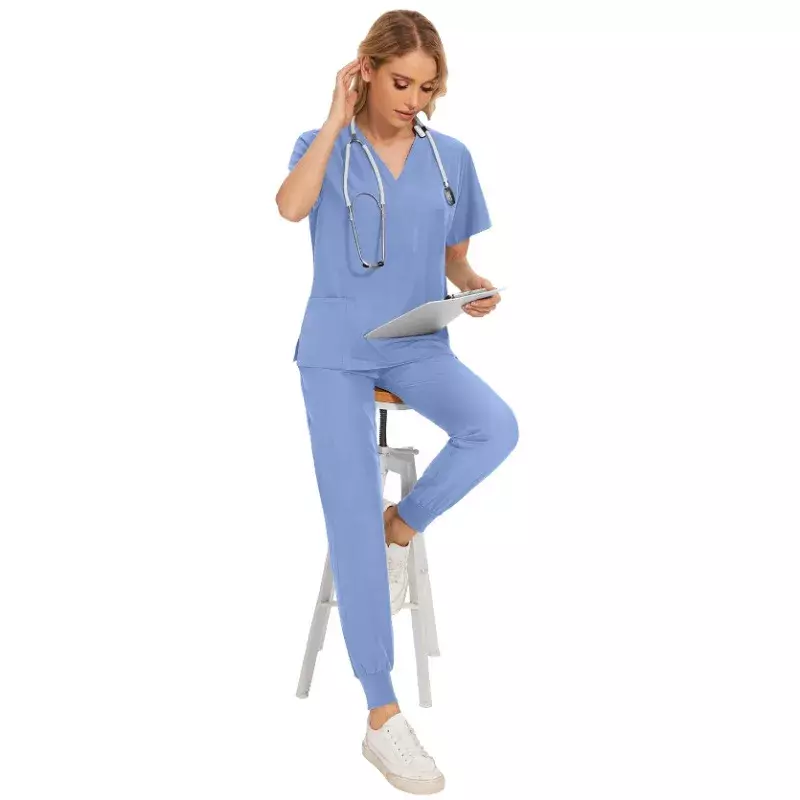 Szpitalne fartuchy chirurgiczne damskie mundury medyczne elastyczne zestawy do peelingu z krótkim rękawem topy spodnie akcesoria pielęgniarskie ubrania dla lekarzy
