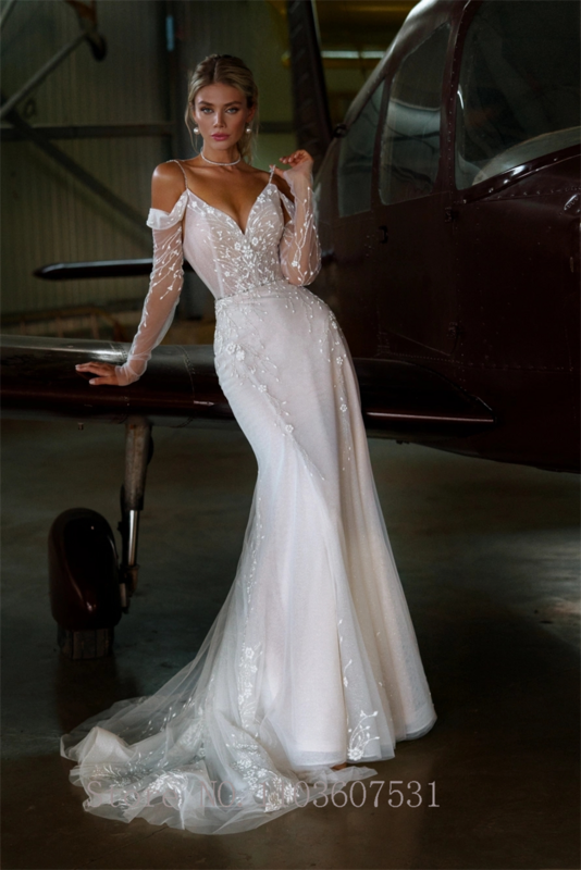 Классическое Свадебное платье с кружевной аппликацией для женщин, свадебное платье русалки со съемным рукавом