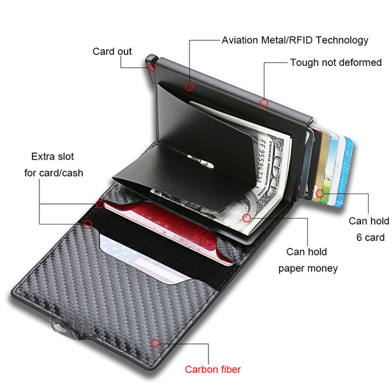 Porta-cartão de crédito de fibra de carbono masculino, metal inteligente RFID fino, fino, fino, pop up, carteira minimalista bolsa preta pequena, valete de metal