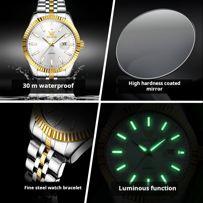 Olevs-男性用ステンレススチールクォーツ時計、防水、発光カレンダー、高級時計、新品のファッション