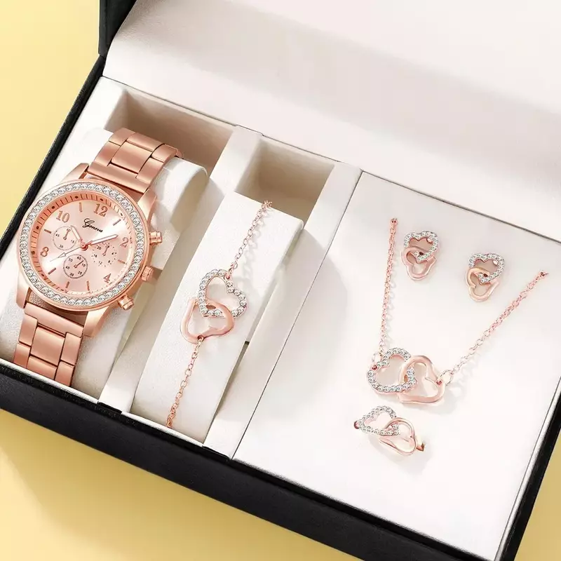 6 Stück Set Mode Armbanduhr lässig Damen Armbanduhren Roségold Luxus uhr Frauen Ring Halskette Ohrring Strass
