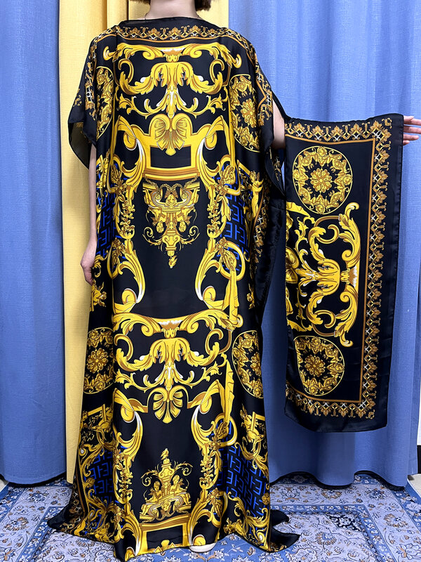 Abayas For Women 2023 Printed Silk Soft Loose Femme Robe Muslim Summer Fashion Clothing African Islam Woman Dresses With Turban