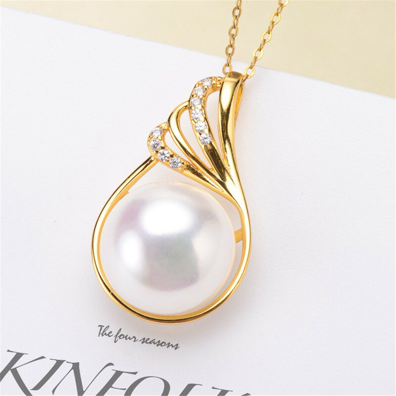 DIY Pearl Accessory S925 Sterling Silver Pendant with Empty Holder, Gold-plated Fashionable Necklace Pendant Fit 11-12mm Beads