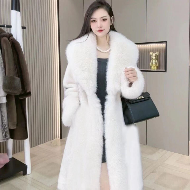 Зимнее теплое Женское пальто из искусственного меха, новинка 2024, шерстяное пальто средней длины со встроенным мехом и лисьим воротником