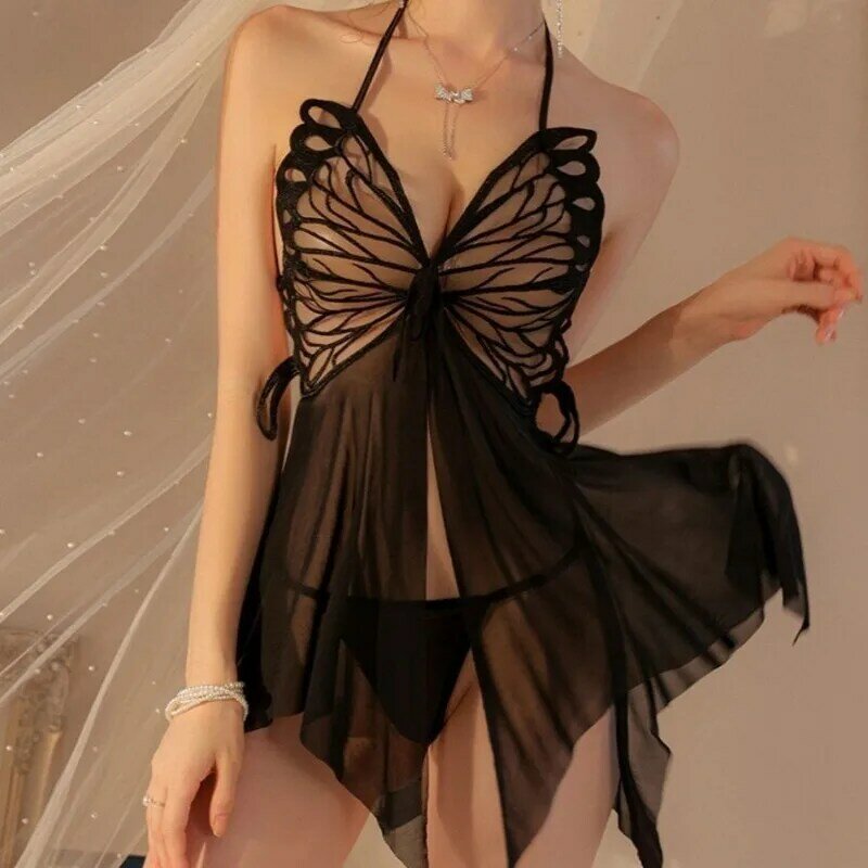 Mini vestido de lingerie sexy para mulheres, decote em v, bordado de borboleta, camisolas sem costas, loungewear sem mangas, vestido de renda de malha