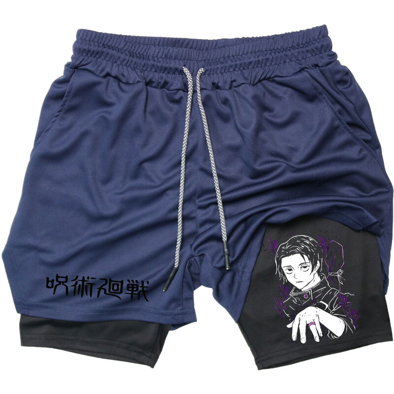 Pantalones cortos de compresión 2 en 1 para hombre, ropa deportiva con bolsillos, para gimnasio, entrenamiento, correr, atletismo, Anime, Jujutsu Kaisen