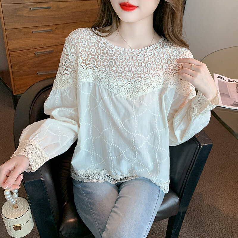 Elegante camisa feminina oca com retalhos de renda, blusa de manga comprida, tops casuais, roupas soltas, moda coreana, nova, outono, 28775, 2024