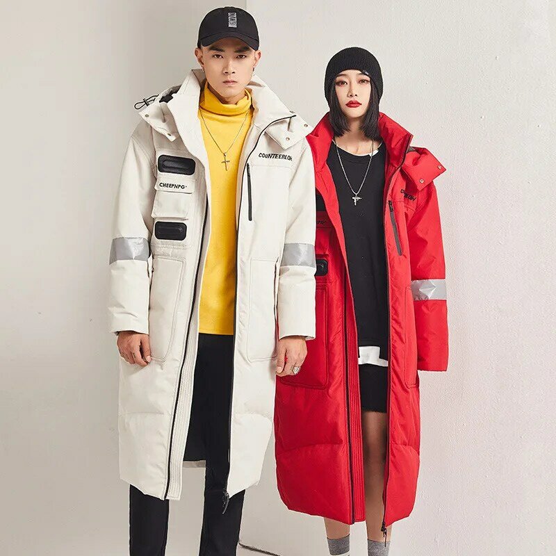 Пуховик для пар, длинная свободная куртка до колена, большие размеры, новинка 2022, модное зимнее пальто с капюшоном в Корейском стиле для мужчин и женщин
