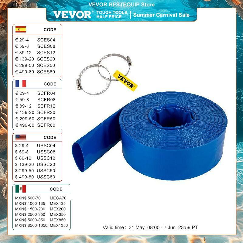VEVOR-manguera de descarga plana de 1-1/2 "x105'/3" x 105 '/4 "x 105'/2" x 105 ', manguera de drenaje de retrolavado de PVC con abrazadera, herramientas de limpieza de piscinas