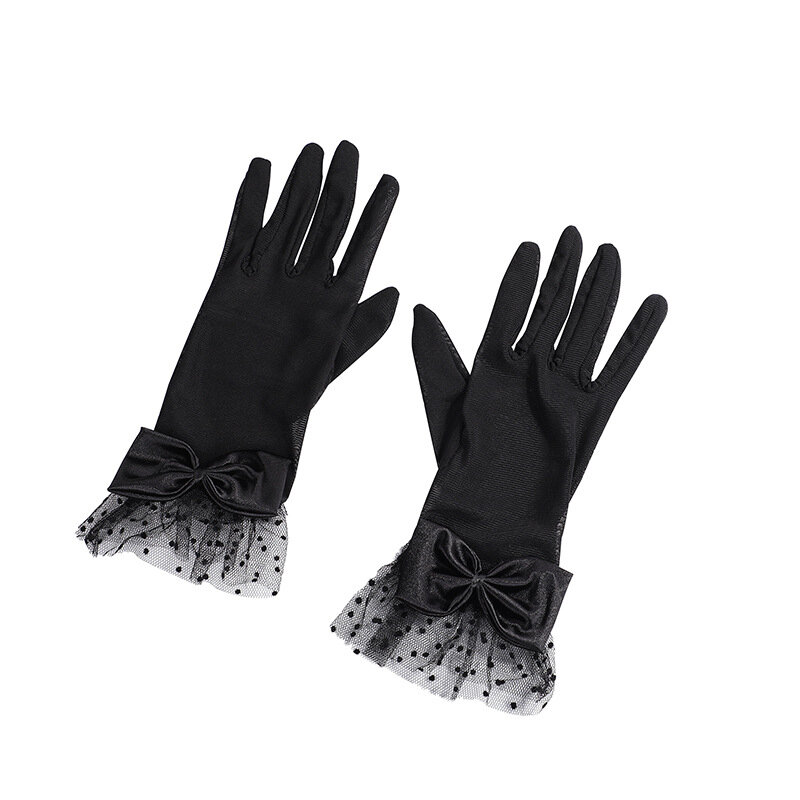 Sarung tangan berkendara antiuv hitam wanita, sarung tangan jaring ikan renda, sarung tangan jari penuh renda modis musim panas untuk wanita