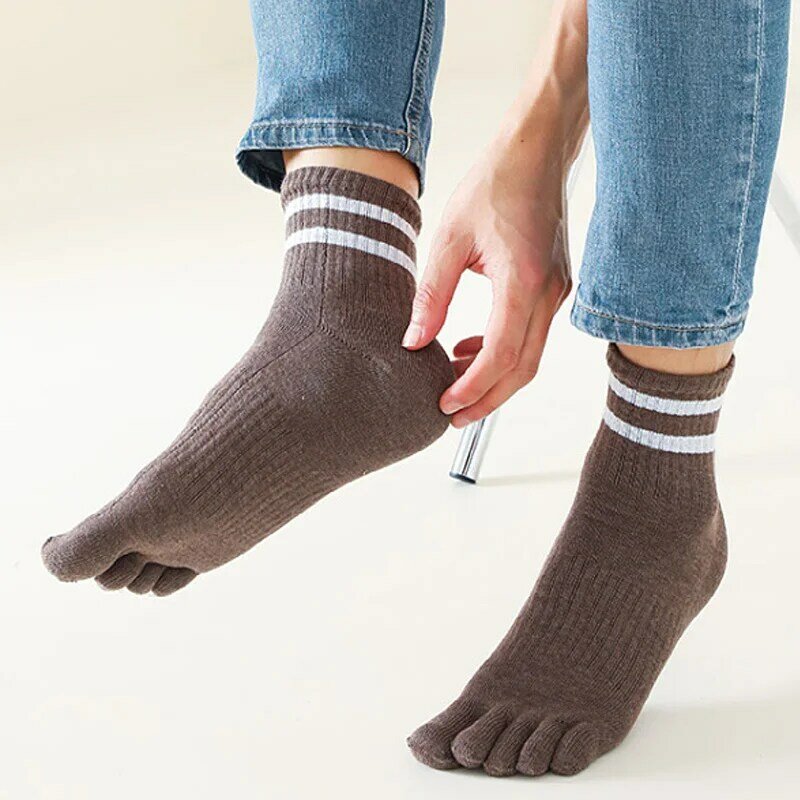 Chaussettes de sport Parker rayées pour hommes, optique de compression, pur coton, simple, solide, doux, élastique, chaussettes courtes à 5 doigts, quatre saisons, 5 paires