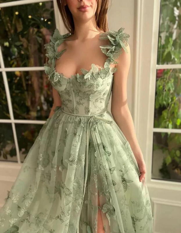 Dolce temperamento erba verde Sweetheart 3D decalcomania Tulle a-line abiti da sera con spacco alto Porm Dress abiti da festa di compleanno
