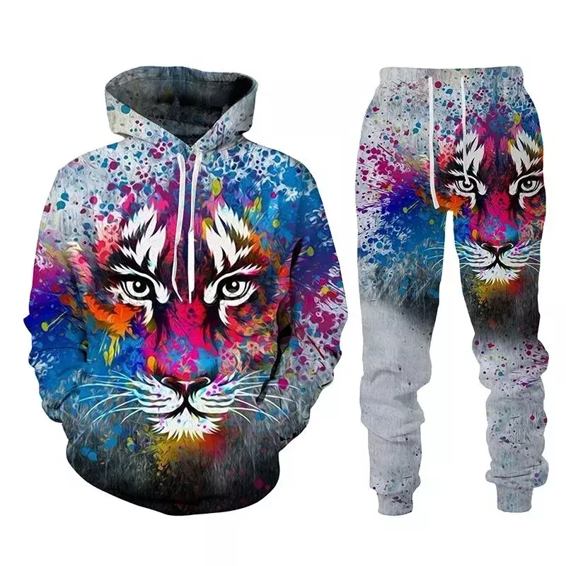 Sweatshirt bertudung hewan harimau pria baru 2023 celana olahraga pria cetak 3D set dua potong pakaian fashion musim gugur pria