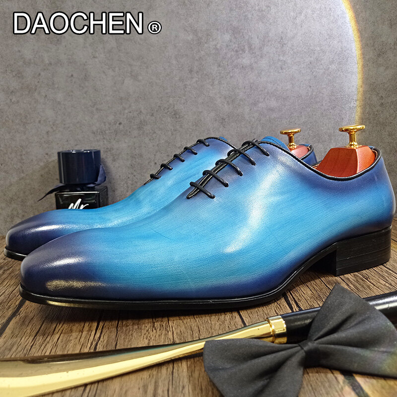 Zapatos OXFORD de marca de lujo para hombre, calzado con cordones, punta estrecha, azul y negro, zapatos de vestir formales para hombre, zapatos de cuero para boda y negocios