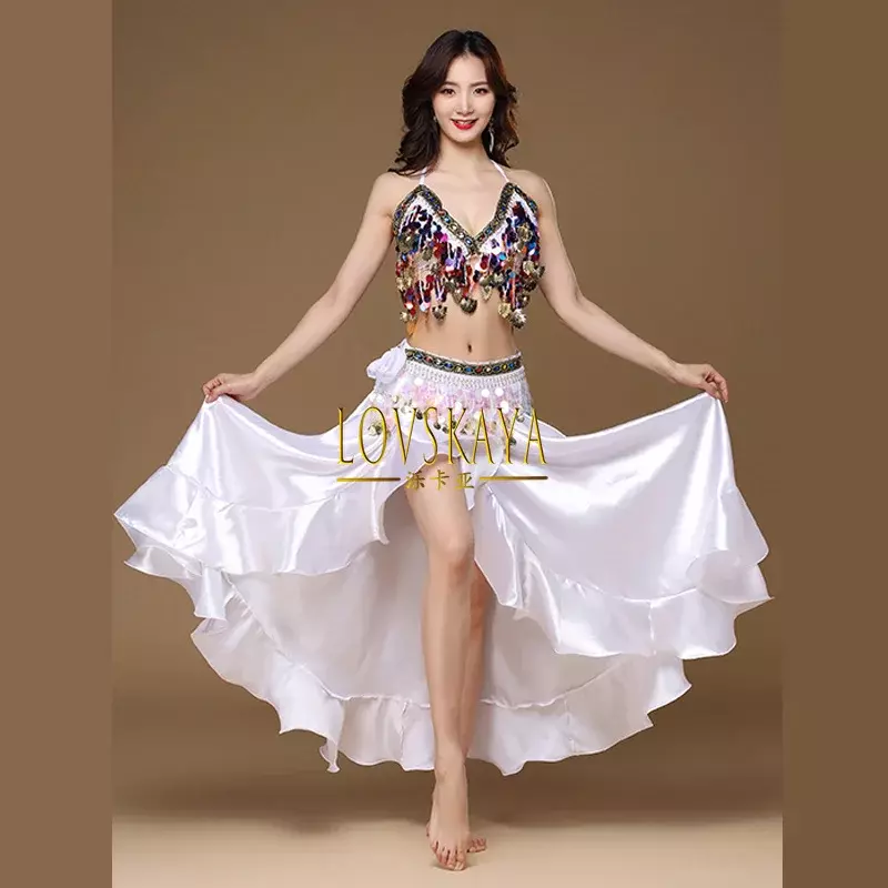 Disfraz de danza del vientre para mujer adulta, falda para actuación en escenario, conjunto de 3 piezas con sujetador y cinturón, novedad