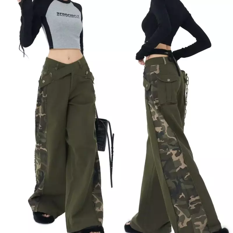 New American Retro Solid Multi Pocket Wide Leg Cargo Pants Functional High Waist Pants Harajuku Style Hip-Hop Straight Trousers