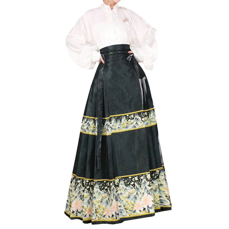 Fato de saia estampado em poliéster feminino, blusa hanfu, traje casual, estilo chinês, elegante e universal, compras e diário