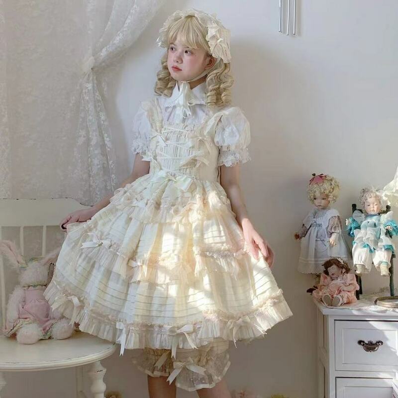 Verão japonês lolita jsk vestido doce lolita vestidos com alças meninas do sexo feminino tali contraste arco jsk feminino laço loli kawaii vestido