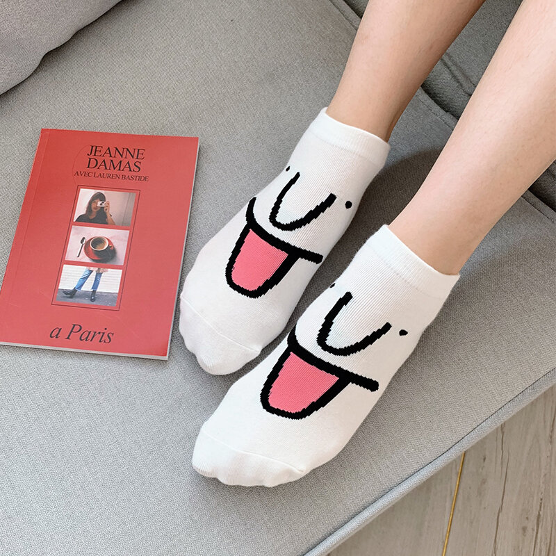 4 Pairs Women Ankle Socks High Quality Funny Cartoon Expression Candy Color Harajuku Happy Female Comfortable Casual Short Socks