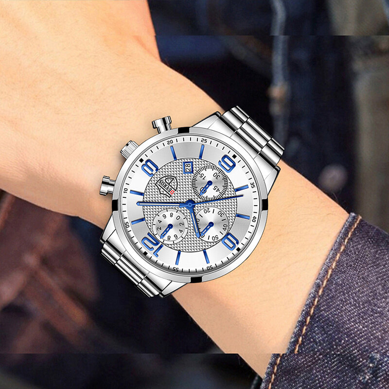 Luxury Mens กีฬานาฬิกาผู้ชายแฟชั่นปฏิทินสแตนเลสนาฬิกาข้อมือควอตซ์ชายวันที่หนังนาฬิกาส่องสว่าง