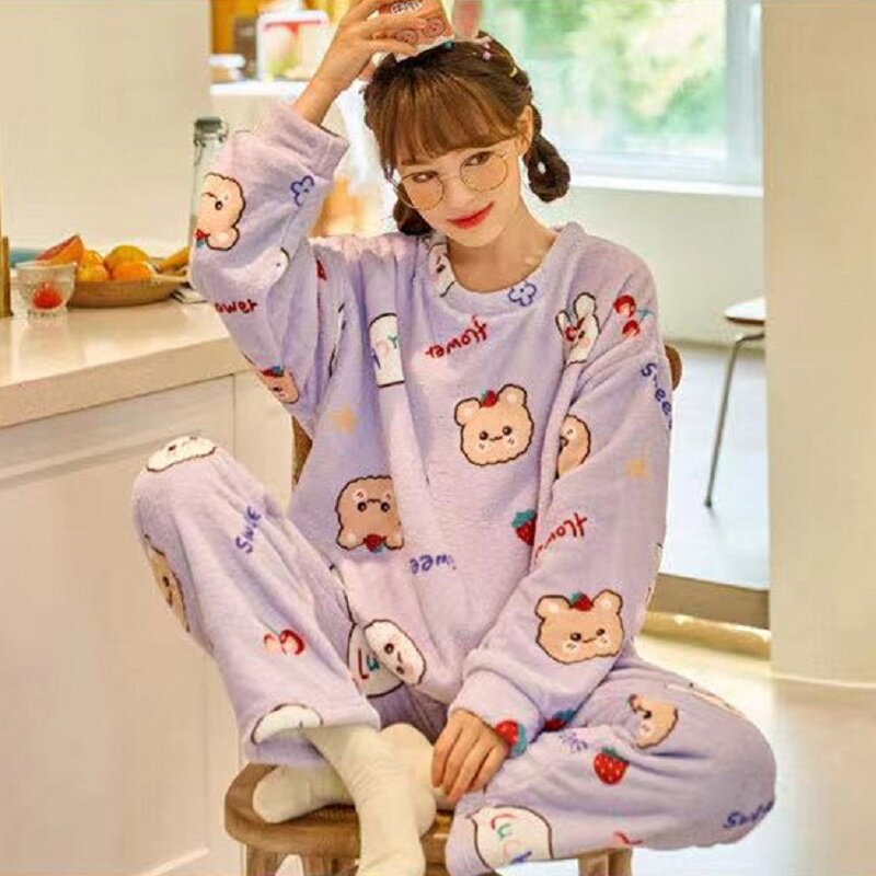 Ensembles de pyjamas pour femmes en flanelle d'hiver avec manches longues en velours pelucheux épaissi, adorables dessins animés Kawaii, costumes de nuit chaleureux Pijama Mujer.