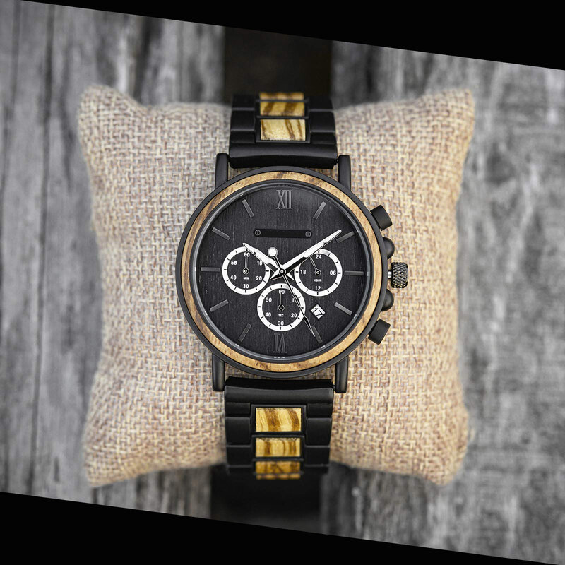 Reloj de pulsera de madera para hombre, cronógrafo analógico de cuarzo, informal, con caja de regalo, elegante, nuevo