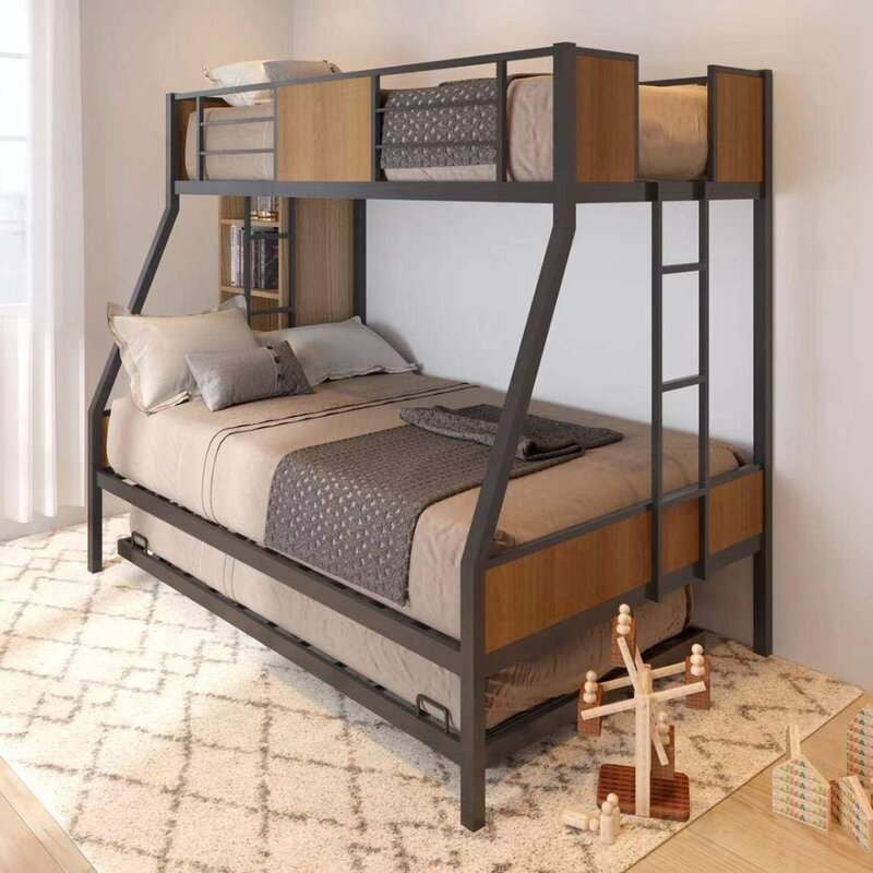 Łóżka piętrowe z wysuwaną sofą, wytrzymała metalowa rama łóżka z szyną zabezpieczającą, 2-stronna drabina dla chłopców, dziewcząt, dorosłych, bez potrzeby stosowania sprężyn pudełkowych
