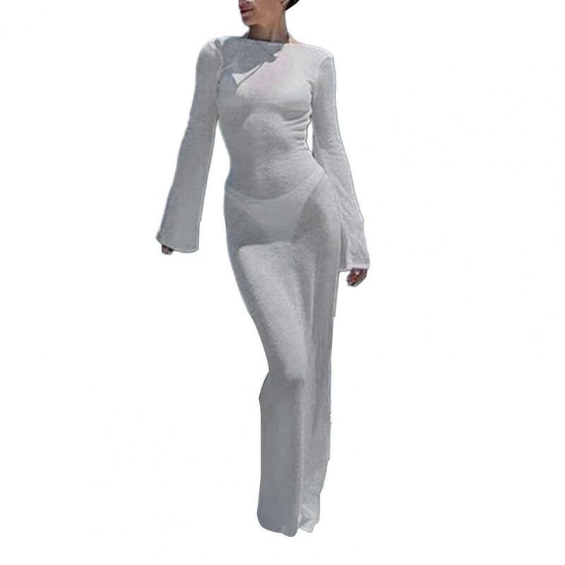 Elegante vestido de encobrimento de praia sem encosto com renda para mulheres, cintura elástica, ajuste fino, proteção solar, maiô