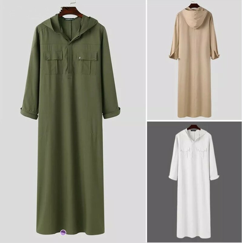 Jalabiya-abaya para homens muçulmanos, roupas soltas, cor sólida, mangas compridas, botão, altura do tornozelo, com capuz, bolso, abayas