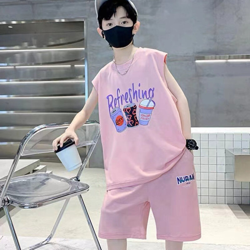 Summer Clothes Set for Tennage Boy Printed Coffee Lettered Tshirts and Shorts 2pcs Suit Children Sleeveless Top Bottom Outfits