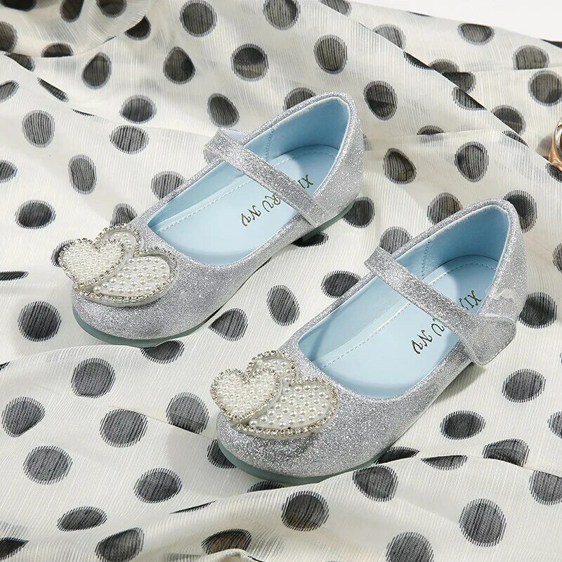 Children Mary Janes Shiny Girl Flats Versatile Fashion Princess Kids Party Dance Non-slip Shoes Casual Pearl Heart Leather Shoes