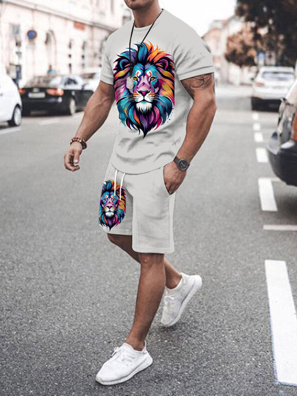 Костюм мужской повседневный с коротким рукавом, модная уличная футболка, уличные спортивные свободные удобные шорты с 3D принтом льва, лето