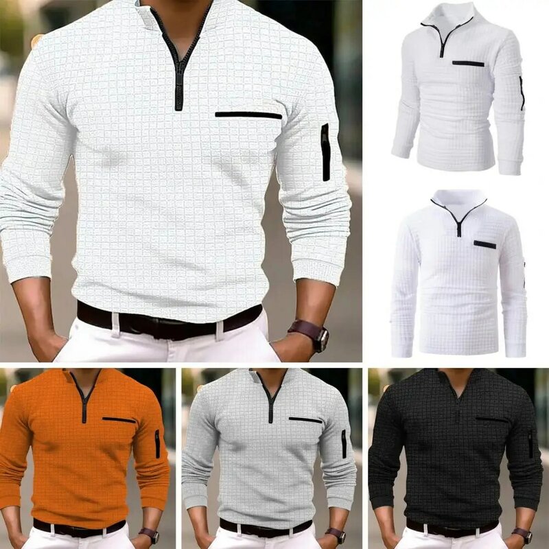 Camisa colorida patchwork manga comprida masculina, gola gola, zíper de braço, camiseta de bolso, roupa casual masculina, moda