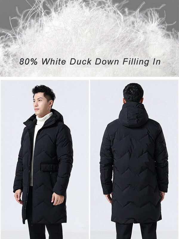 Casaco com capuz de pato longo masculino, casaco puffer térmico, impermeável, à prova de vento, quente, estilo blusão, moda coreana, 80% branco, inverno