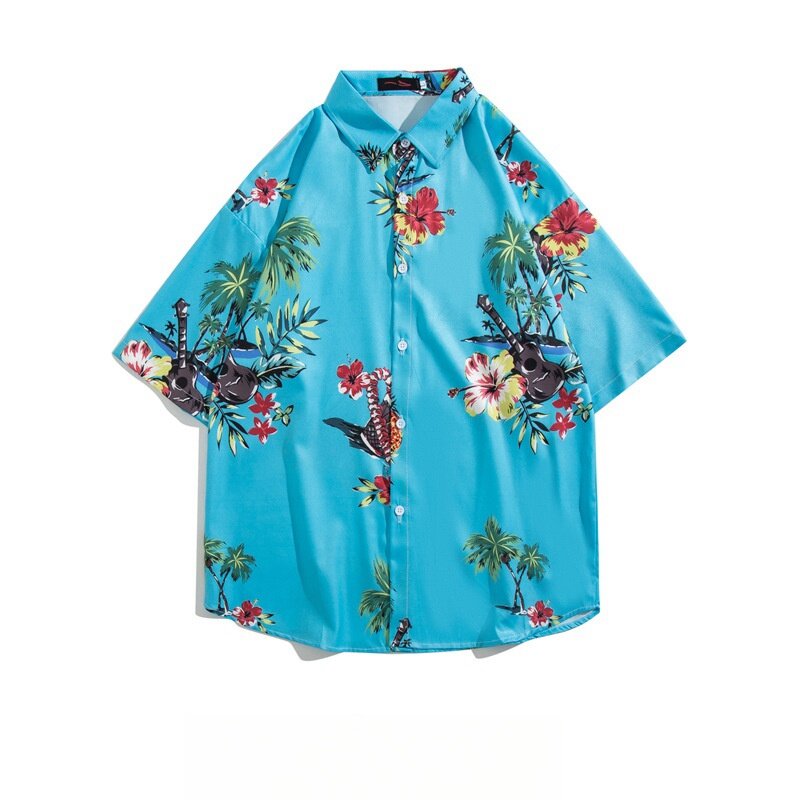 Men's Summer Seaside Short Sleeve Shirt Loose Fitting Handsome Tops Retro Hawaiian Beach Half Sleeve Floral Shirt