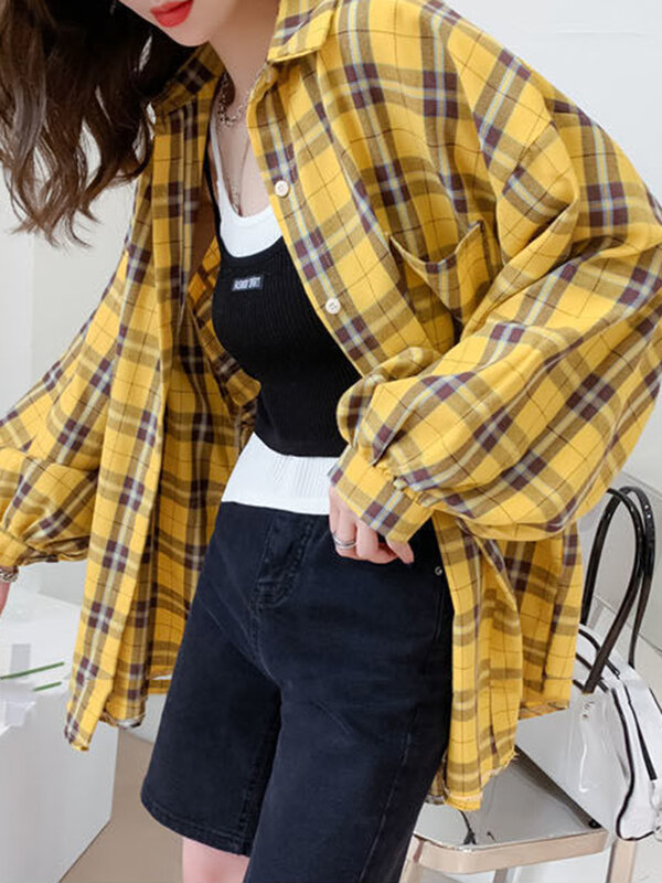 Модная клетчатая женская рубашка JMPRS, модные корейские Топы оверсайз в стиле Харадзюку, повседневные универсальные шикарные женские желтые рубашки с длинным рукавом, новинка