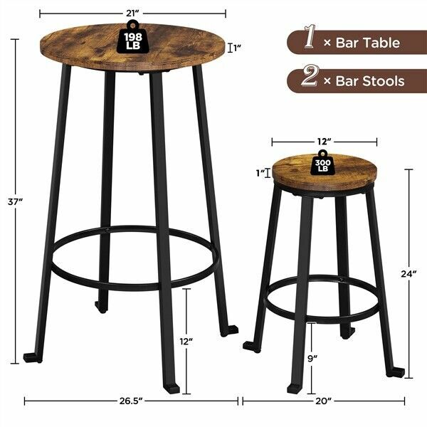 Bar Table Set 3-Piece Round Pub Table Set Bar Table and Bar Stools Set of 2