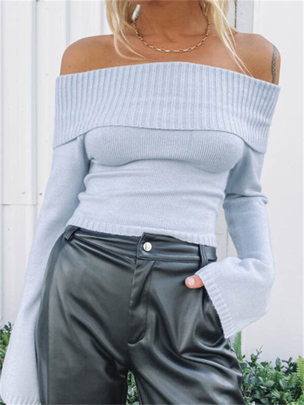 CHRONSTYLE Women Slash Neck Knitted Sweaters Tops Streetwear Long Sleeve Off Shoulder Ribbed Pullovers Slim Fit Causal Jumpers