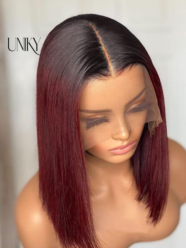Peluca de cabello humano liso con encaje frontal para mujer, pelo Remy brasileño de color rojo borgoña, peluca Natural sin pegamento, parte en T, T1B/99j