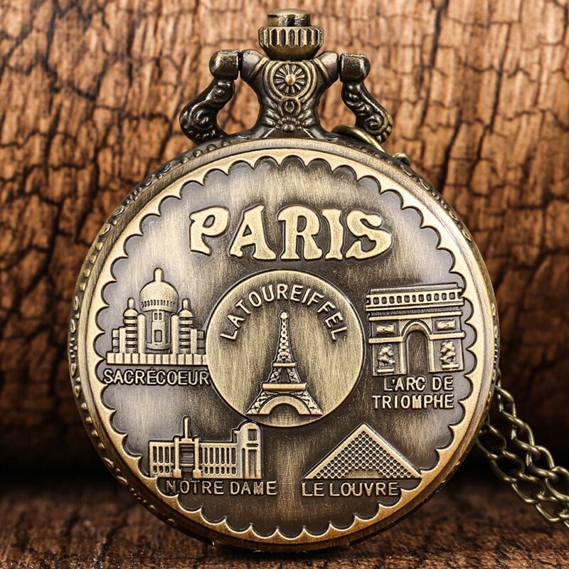Antik Paris Menara Eiffel Notre Dame Desain Quartz Jam Saku LE LOUVRE Kalung Liontin Seni Souvenir Jam untuk Pria Wanita